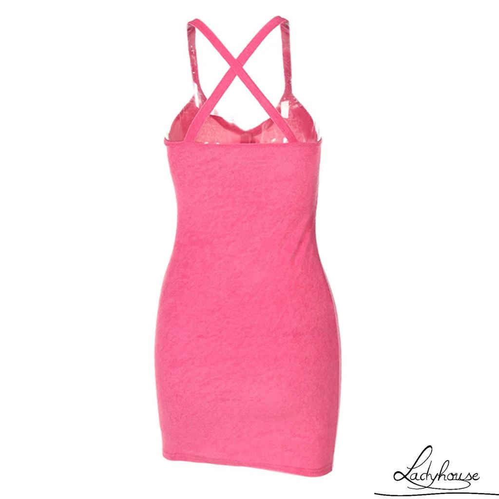 LD-Women’s Fashion Solid Color Skinny Dress Sexy Snap V-neck Backless Suspender Short Dress