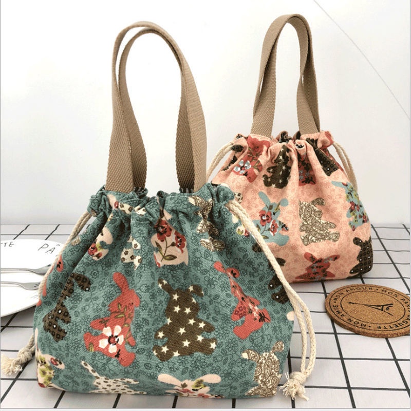 Túi vải canvas đựng cơm trưa rút dây phong cách Nhật Bản đẹp mắt