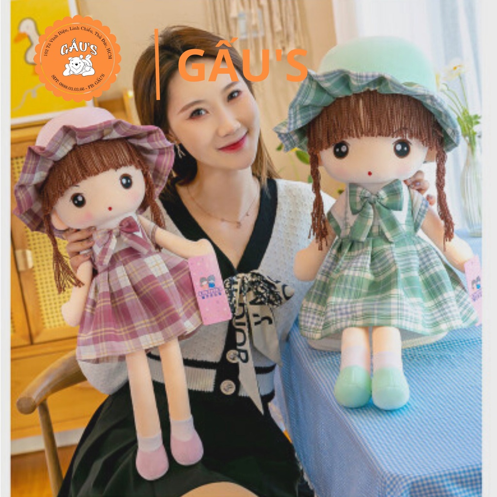 Gấu bông cho bé búp bê mặc áo đầm kẻ sọc caro dài ôm 45cm-60cm- GẤU SHOP