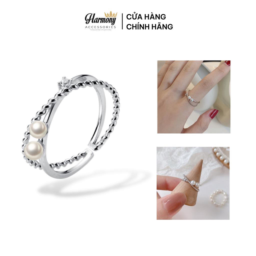 Nhẫn nữ bạc 925 đan chéo đính đá ngọc trai nhân tạo dáng mở freesize | HARMONY ACCESSORIES N41