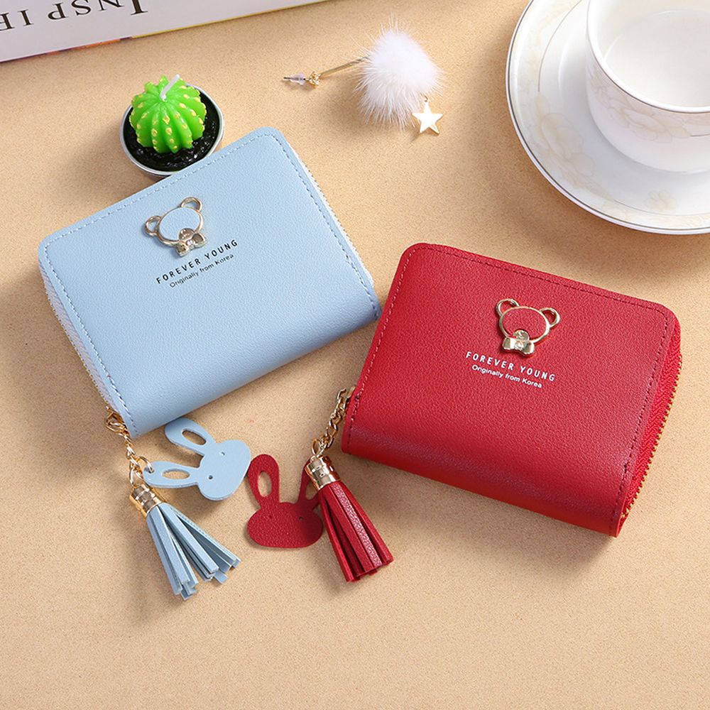 Ví da pu ngắn đựng thẻ / tiền xu có khóa kéo nhiều màu dễ thương cho nữ