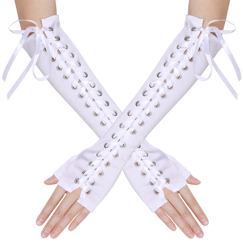 Găng Tay Hở Ngón Vải Satin Thắt Dây Phong Cách Steampunk