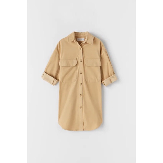 Áo Sơ Mi Bé Gái Dáng Dài Nhung Tăm Overshirt Nâu Be ZR