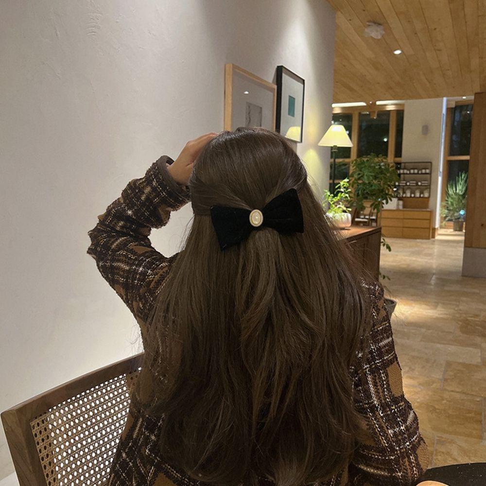 Kẹp Tóc Nơ Vải Nhung Màu Đen Phong Cách Vintage Dành Cho Nữ