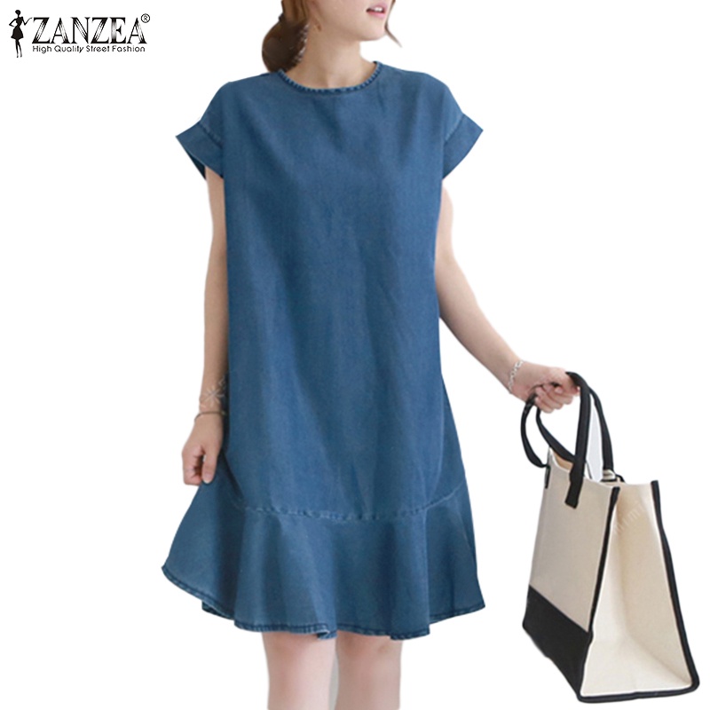 Đầm denim ZANZEA cổ tròn viền bèo phong cách Hàn Quốc thời trang cho nữ