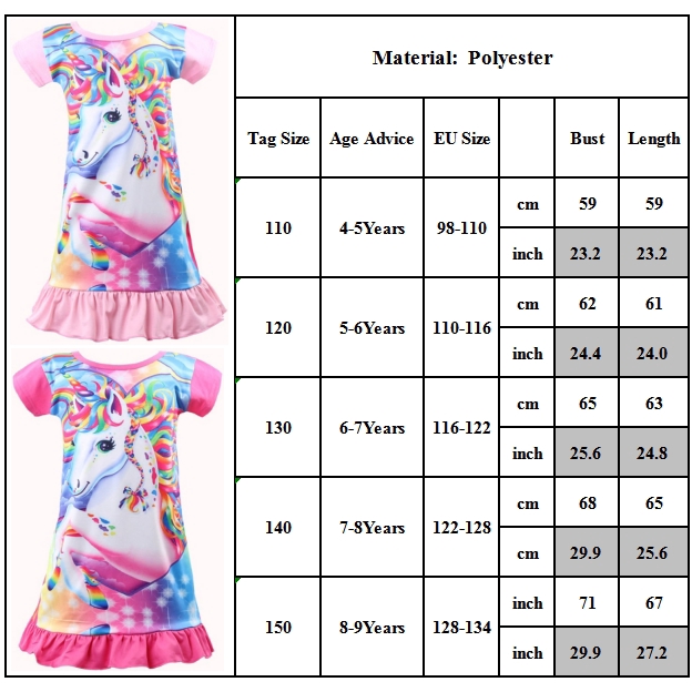 Kids Nightdress Nightie Pyjamas Pj's Nighty Girls Princess Unicorn Holiday Skirt