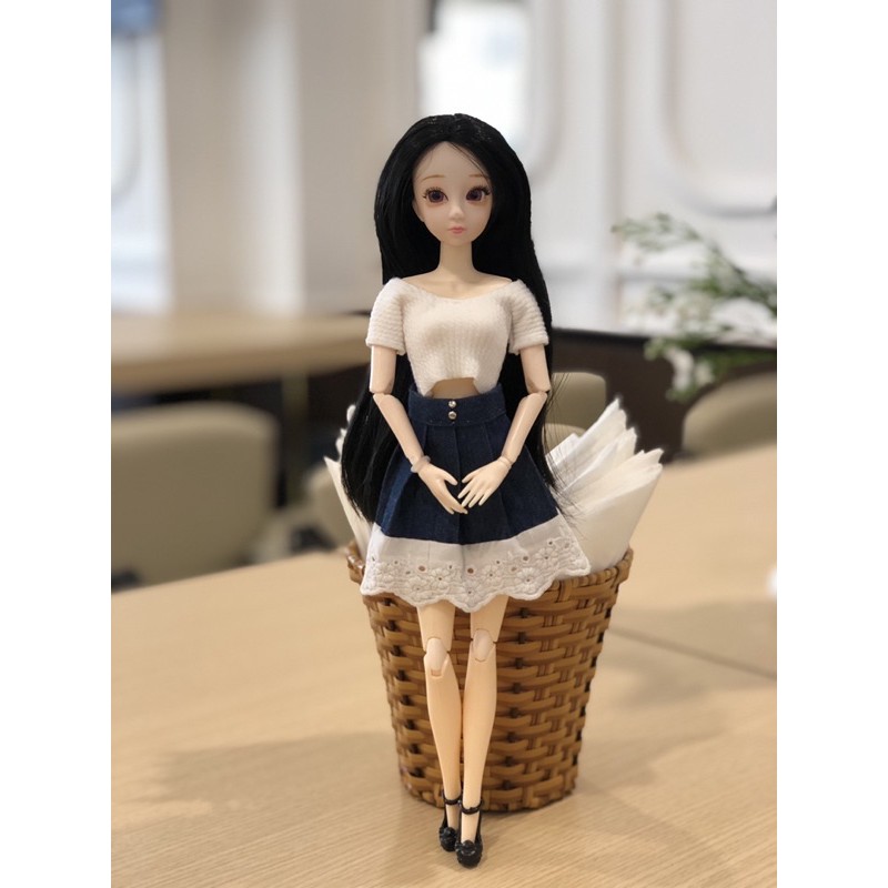 Váy jean may thủ công vintage xếp ly phù hợp bb Kexin, Xinyi, Barbie