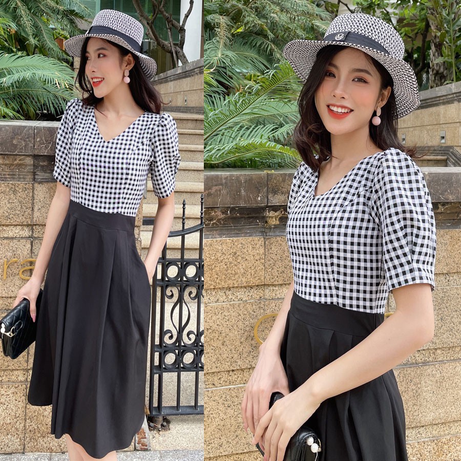 Đầm xòe phối Caro trẻ trung-DAM38