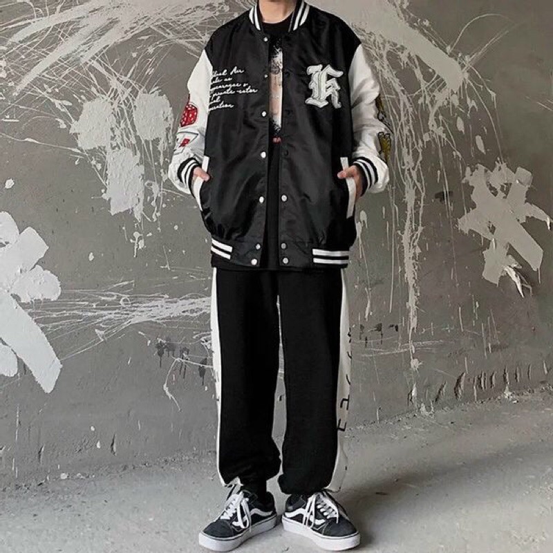 Áo Khoác Dù Bomber Jacket Trắng Đen In Hình Lá Bài Hot Trend