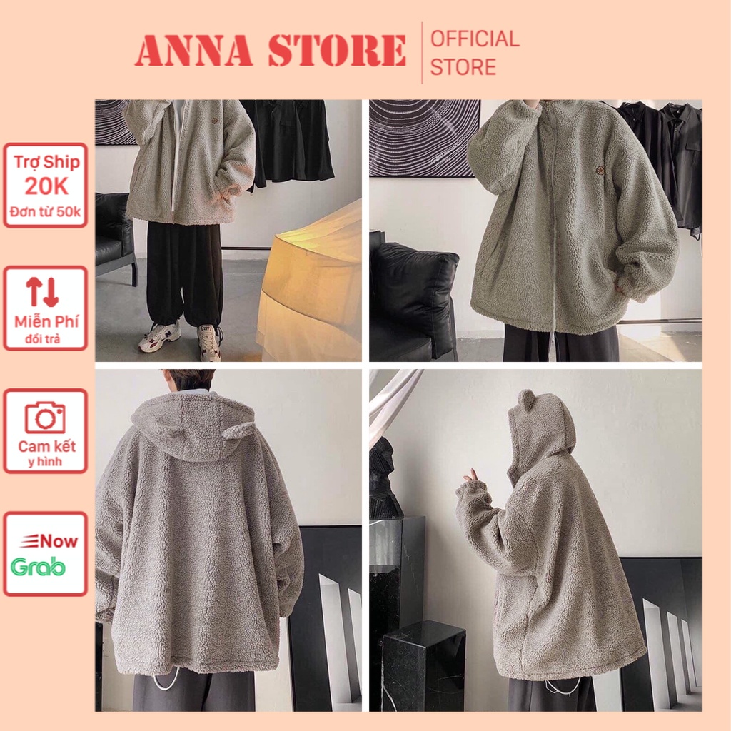 💃 Áo Khoác Lông Tai Gấu Logo Mặt Cười Dáng Rộng unisex annastore chất lông cừu dày dặn cực ấm