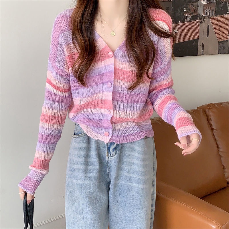 Áo cardigan Tay Dài Cổ Chữ V Form Ôm Họa Tiết Kẻ Sọc Cầu Vồng Ngọt Ngào Cho Nữ