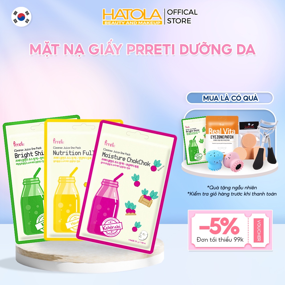 Mặt nạ giấy dưỡng da Hàn Quốc Prreti Moisture Chok Chok cấp ẩm chiết xuất su hào nước trái cây tự nhiên Hatola