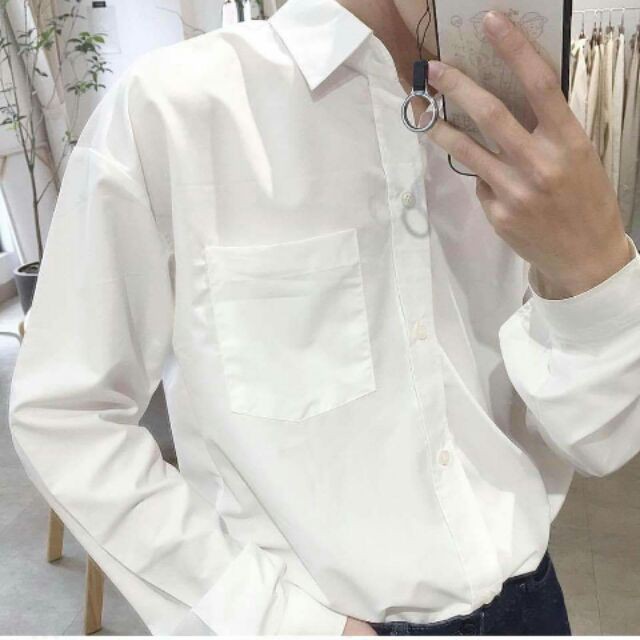 [Có size từ 35-75kg] ÁO SƠ MI NAM TRẮNG TRƠN BASIC UNISEX - ÁO SƠ MI NAM TÚI NGỰC FORM RỘNG DÀI TAY | BigBuy360 - bigbuy360.vn