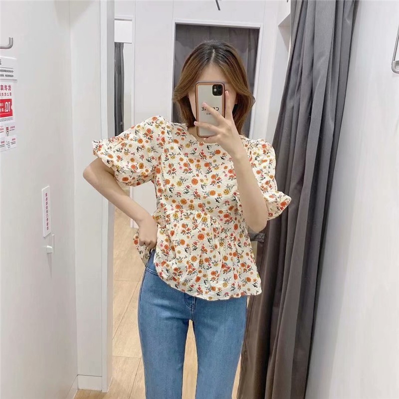Áo Kiểu Nữ Tay Phồng Cổ Chữ V In Hoa Thời Trang Pháp 2021 | BigBuy360 - bigbuy360.vn