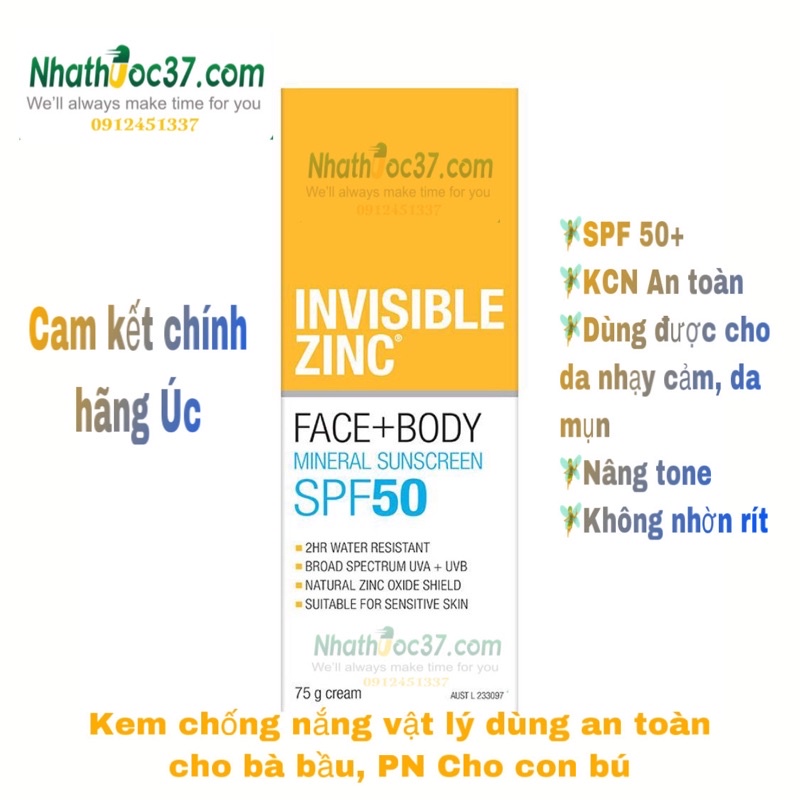 Kem chống nắng Invisible ZinC SPF 50 Úc, chống nắng vật lý dùng được cho nhạy cảm, da mụn, cho phụ nữ mang thai