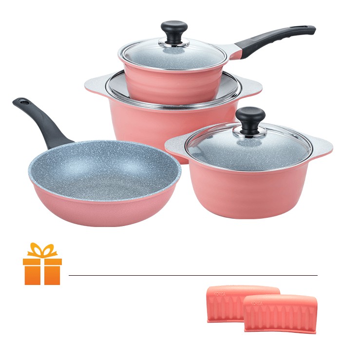 Bộ nồi chảo chống dính ceramic vân đá 3D ECORAMIC màu Hồng Peach Pink | TẶNG: 1 Bộ nhắc nồi silicon