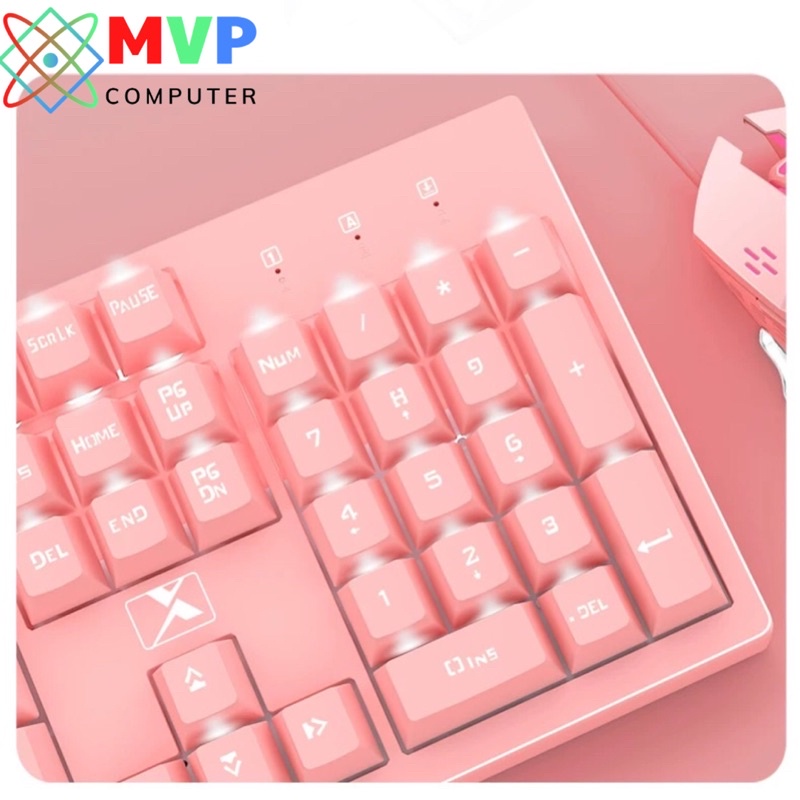 Combo Chuột Bàn Phím Có Dây Gaming XINMENG K616 Màu Hồng LED Trắng Xuyên Chữ Cao Cấp Dùng Cho Máy Tính PC Laptop