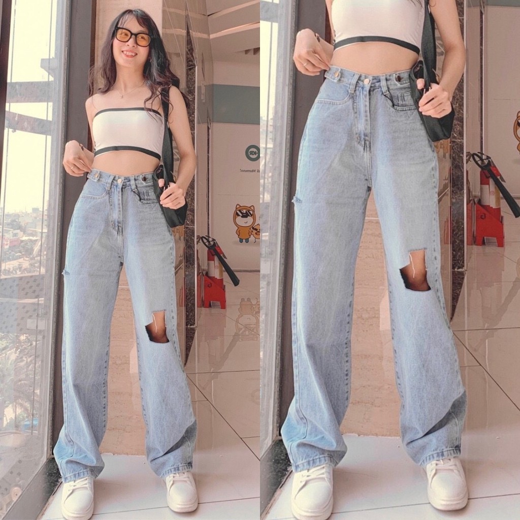Quần Jean Nữ Lưng Phối Nút Cạp Cao Dáng Quần Baggy Ống Suông Rách Gối Siêu Ngầu Kèm Ảnh Thật Cận Chất Vải