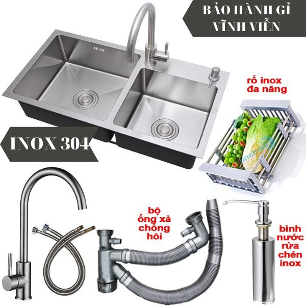 Trọn bộ chậu rửa chén + vòi + rỗ đựng trái cây + bình xịt xà bông