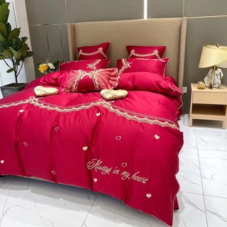 Bộ chăn ga gối cao cấp cotton lụa cưới ren đỏ