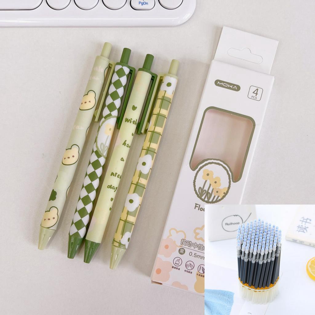 Combo hộp 4 bút bi bấm họa tiết dễ thương, bút bi gel mực đen cute có chặn ngòi và 10 thay thế mực đen