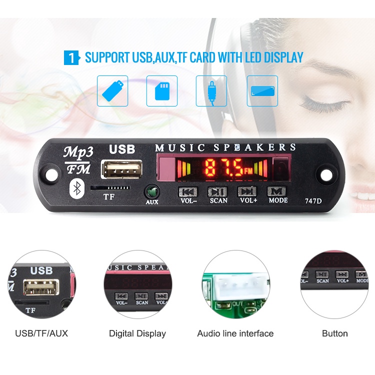 Bảng Mạch Giải Mã Âm Thanh 5V 12V Bluetooth 5.0 MP3 WMA USB TF FM Radio Màn Hình Màu Cho Xe Hơi
