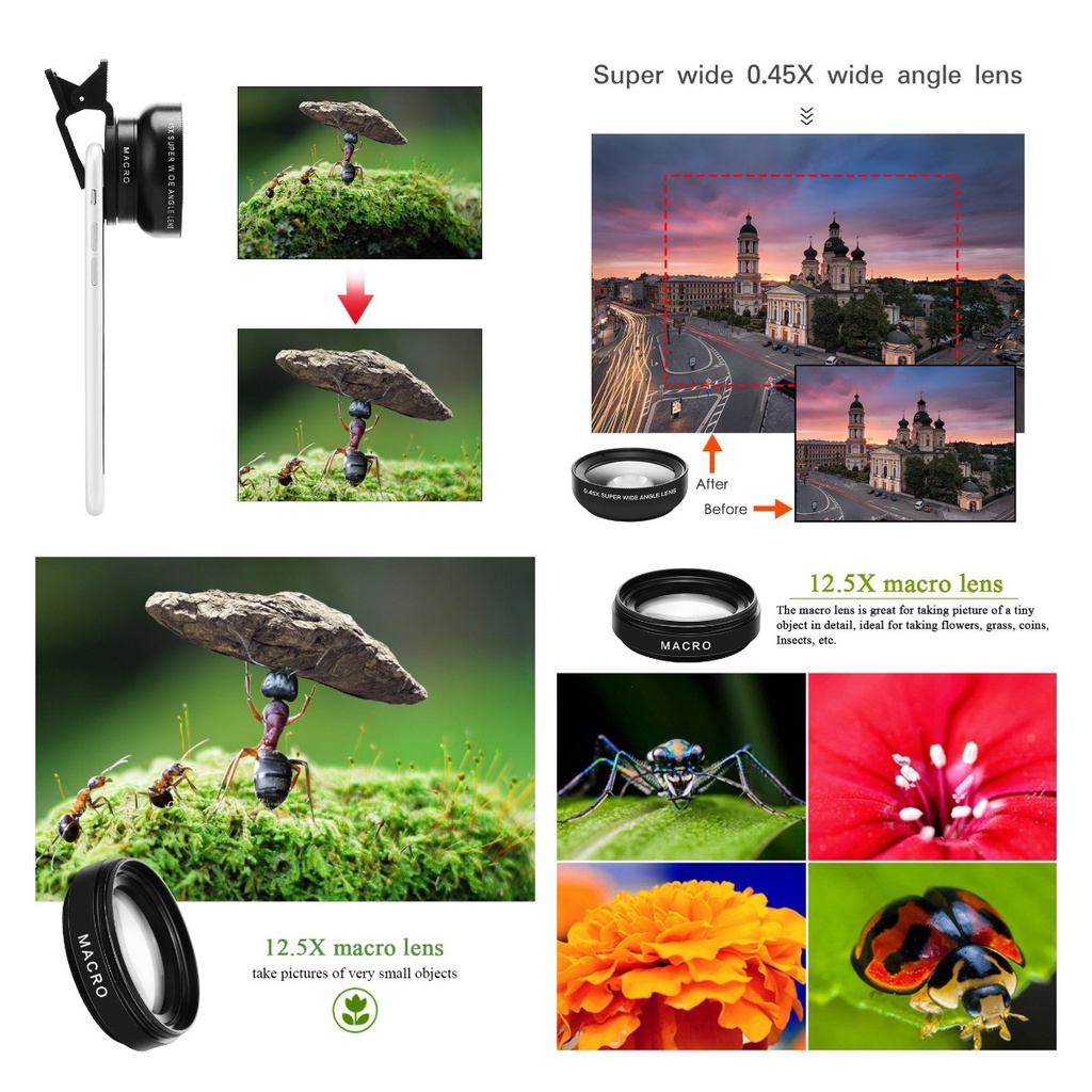 Ống Kính Góc Rộng 0.45X 12.5X Cho Điện Thoại iPhone Android