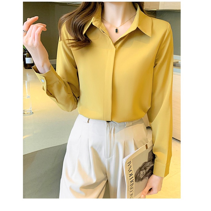 Áo Sơ Mi Nữ Công Sở Màu Vàng Cổ Đức CHIPY Kiểu Hàn Quốc Vintage Ulzzang Form Rộng Dài Tay Đẹp Chất Lụa Cao Cấp A2V | BigBuy360 - bigbuy360.vn