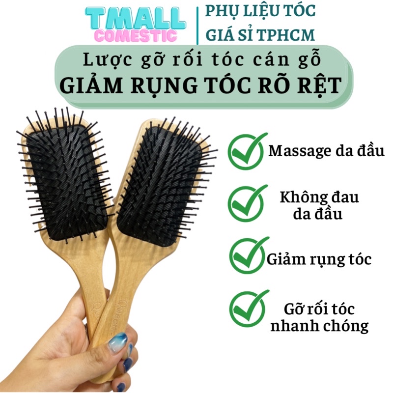 Lược gỗ massage da đầu, lược chải gỡ rối matxa tiện dụng giảm rụng tóc rõ rệt