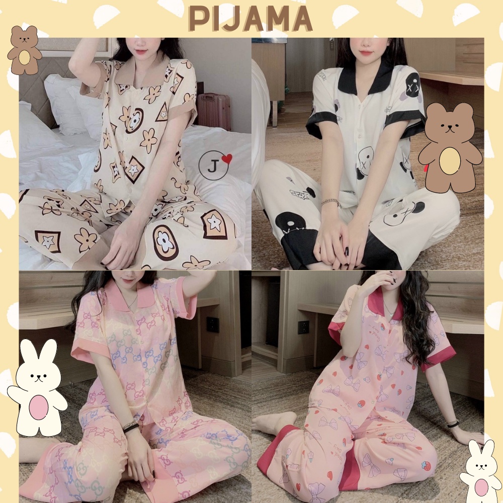 Bộ pijama nhiều họa tiết đẹp thiết kế cổ sen hot trend bộ đồ ngủ dáng dài chất Kate mềm freesize dưới 65kg