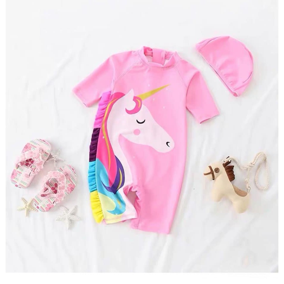 Đô bơi bé gái liền thân họa tiết Pony + Nón