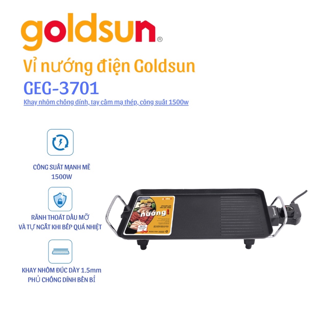 Bếp nướng, bếp nướng điện không khói Goldsun GEG3740/ GEG3701, Khay nhôm đúc dày 1.5mm phủ chống dính, bảo hành 12 tháng