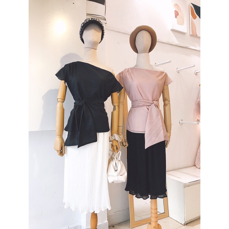 Áo kiểu lệch vai 2 lớp tay ngắn