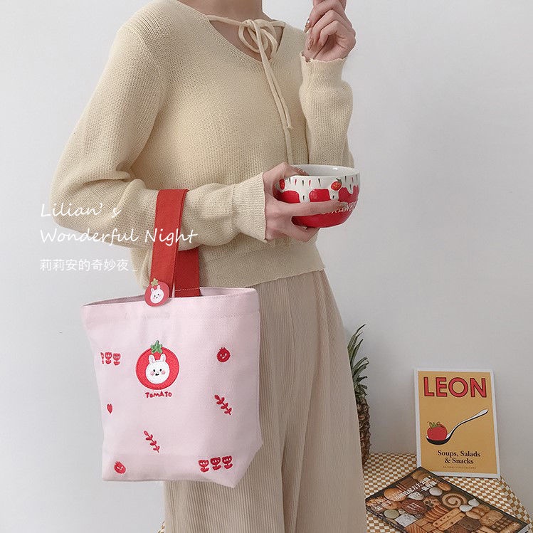 Túi Xách Đựng Hộp Cơm Trưa Thêu Hình Thỏ Cà Chua Dễ Thương Cho Nữ Sinh