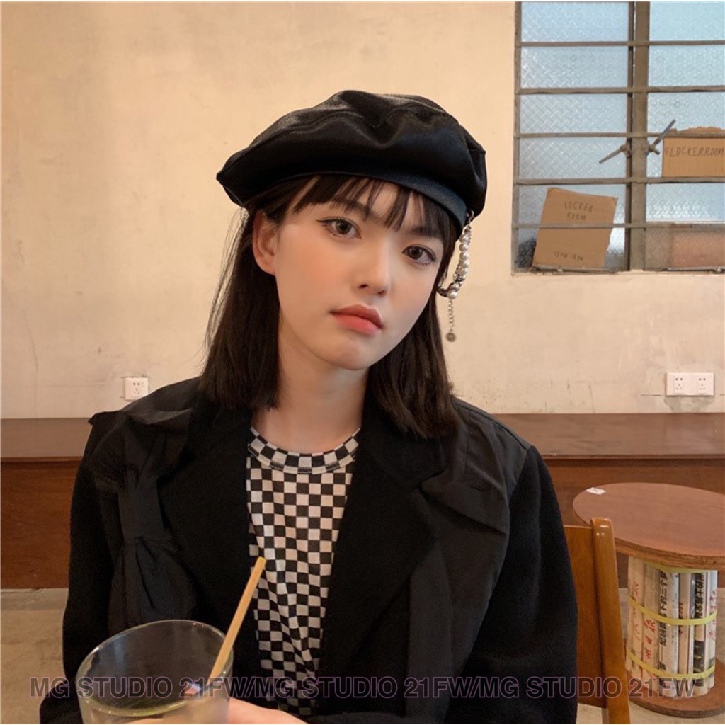 Mũ beret MG Studio đính chuỗi ngọc trai 3 màu tùy chọn