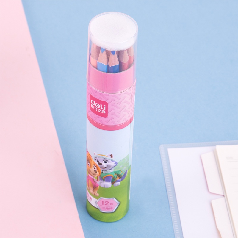 Bút chì màu dạng cốc Deli hoạ tiết chó cứu hộ - gỗ khô tự nhiên an toàn - 12 màu - 68103