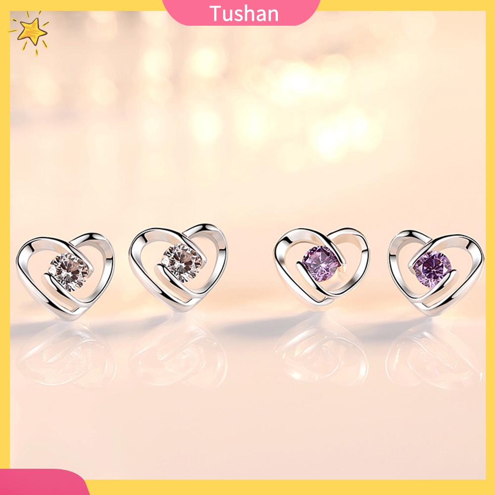 TUSH_Fashion Women Cubic Zirconia Inlaid Swirl Heart Ear Stud Earrings Jewelry Gift