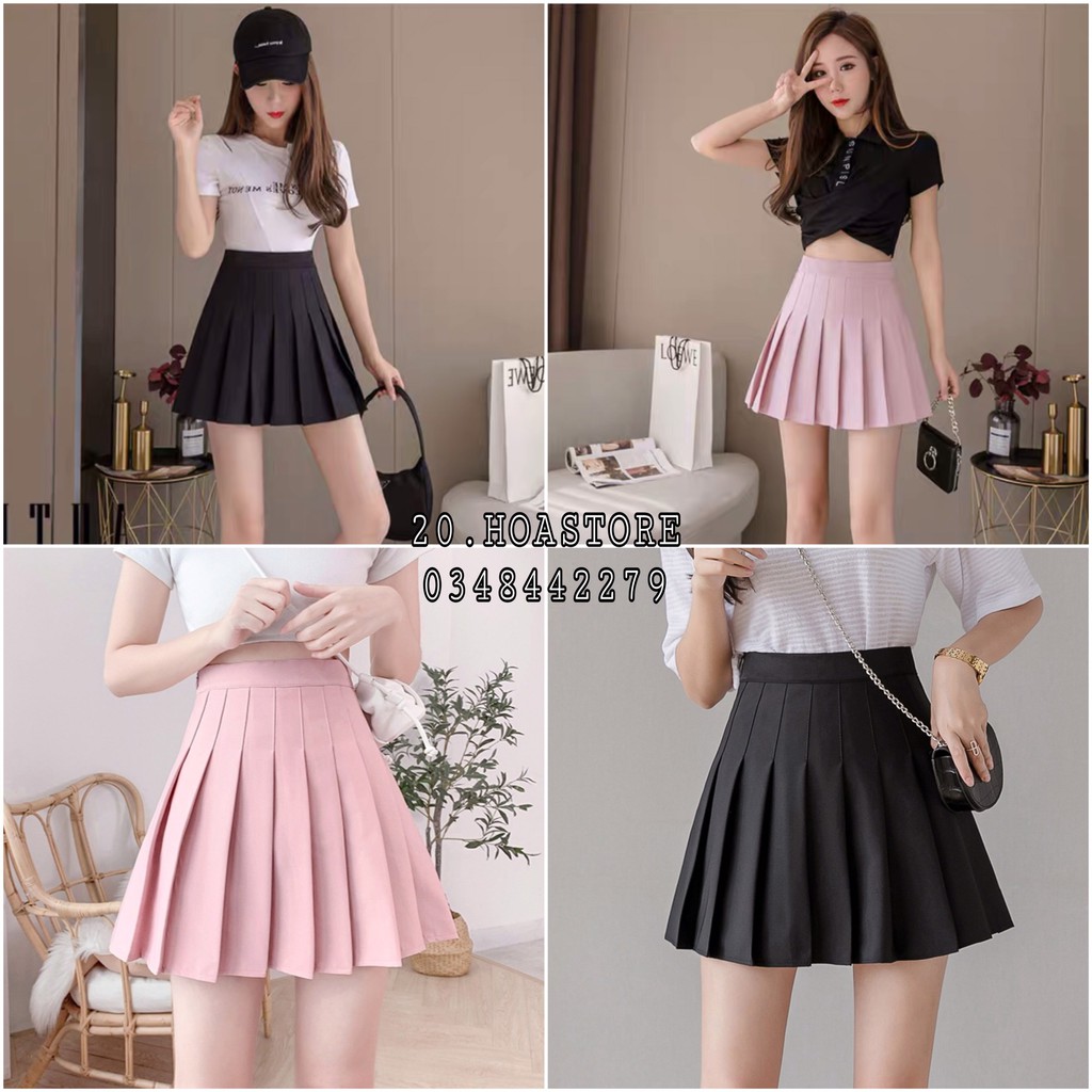 CHÂN VÁY XẾP LY TENNIS SKIRT CHỮ A dáng ngắn HỒNG ĐEN - QUẦN GIẢ VÁY chất đũi dáng tennis