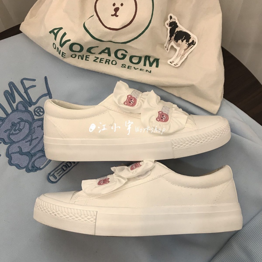 Giày Thể Thao Canvas Khóa Dán In Hình Gấu Nhỏ Phong Cách Nhật Bản Mới Cho Nữ