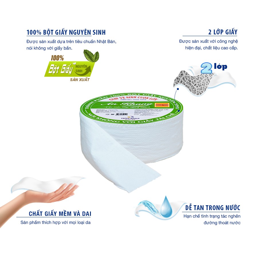 Combo 10 Giấy vệ sinh cuộn lớn cao cấp 700g AN KHANG SOFT | Thế Giới Giấy | 100% bột giấy nguyên sinh | AKS700