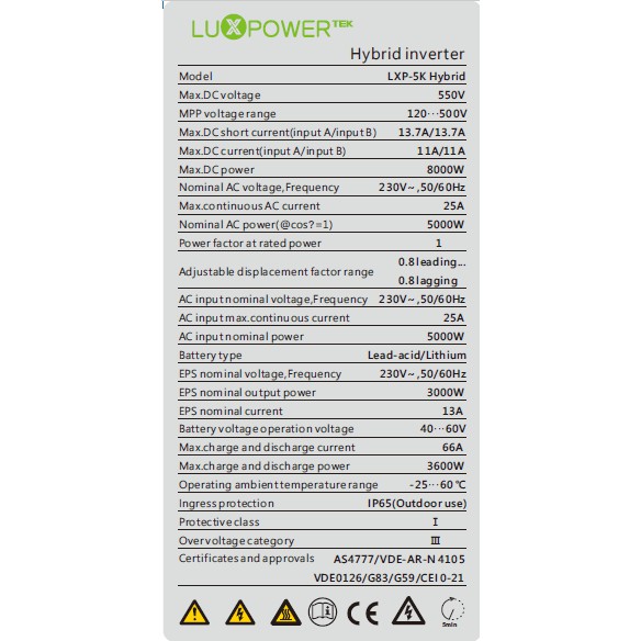 Hòa lưới có lưu trữ Hybrid Luxpower LXP 5K, 6K hàng cũ, bảo hành 3Năm