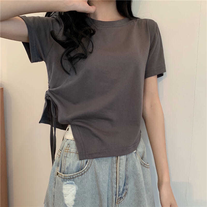 Áo Thun Ngắn Tay Dáng Rộng Phối Dây Rút Thời Trang Mùa Hè Dành Cho Nữ