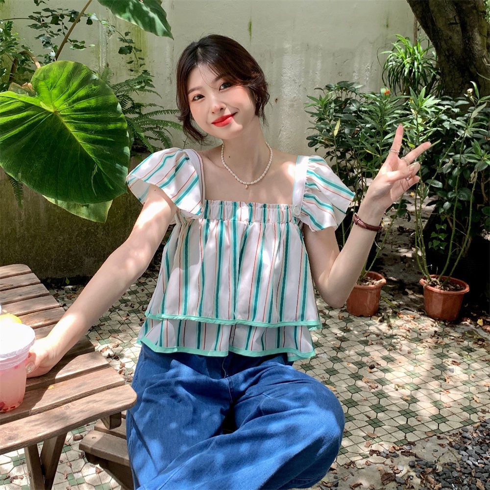 Jiashucheng Áo Sơ Mi Ngắn Tay Ống Bay Họa Tiết Kẻ Sọc Thời Trang Mùa Hè Kiểu Pháp Có Thể Tháo Rời Cho Nữ