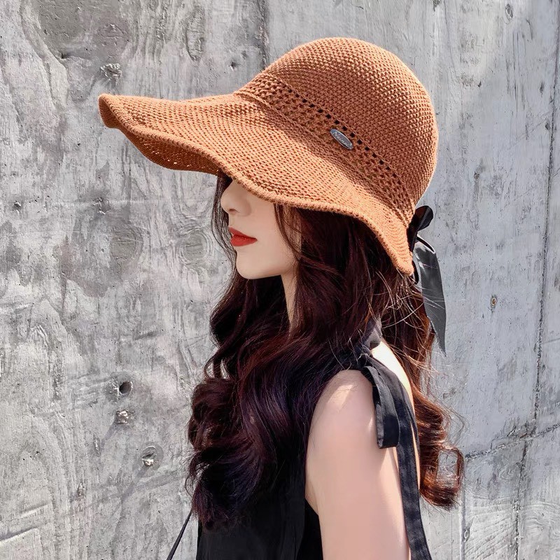 mũ cói mềm rộng vành lộ đỉnh có nơ sau