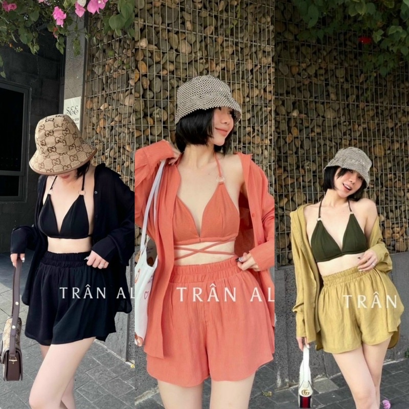 Set Đũi 3 Món Đi Biển Áo Cúp Đan Eo Kèm Quần Short và Áo Sơ Mi Tay Dài