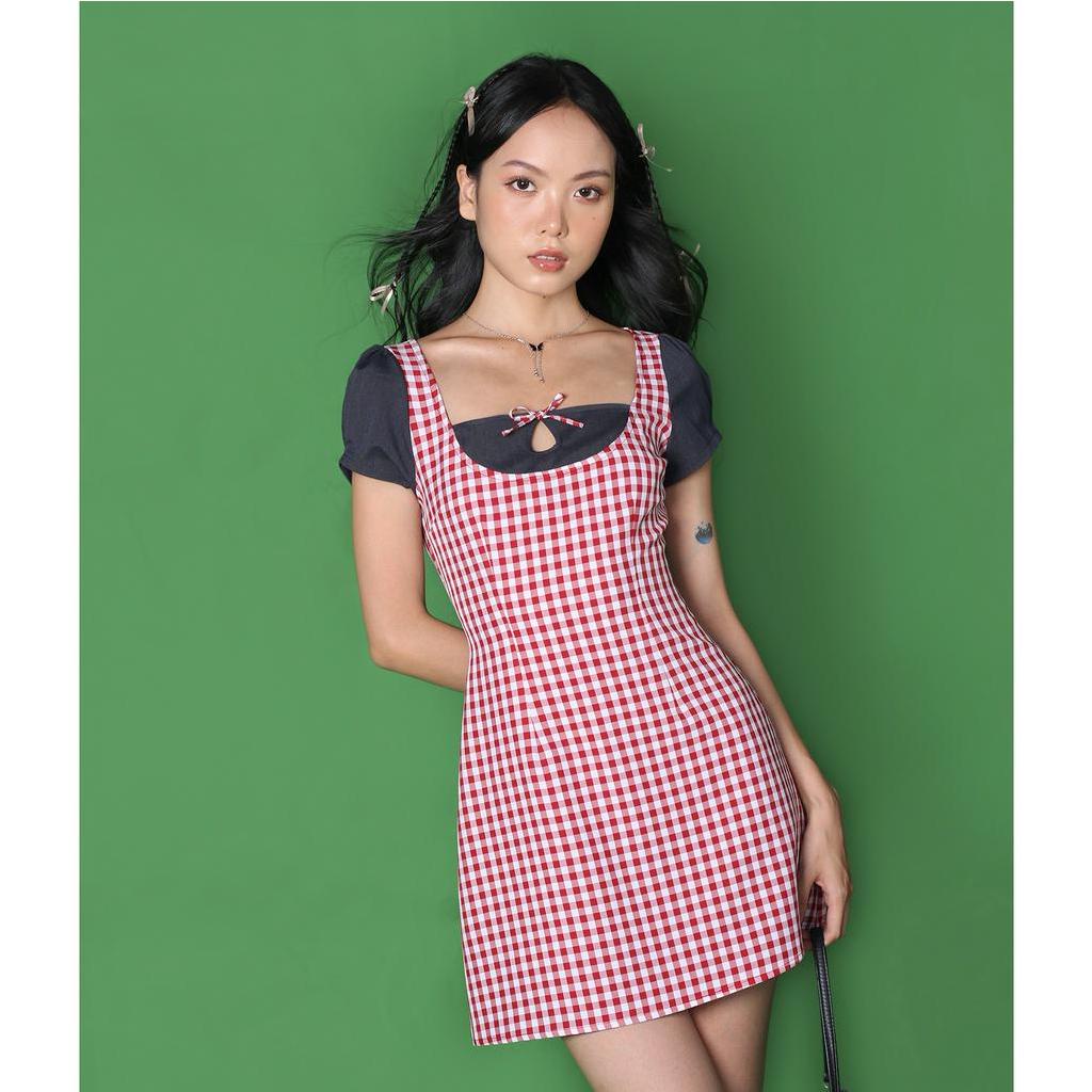 DALLA Đầm caro tay phồng phối nơ (D08)