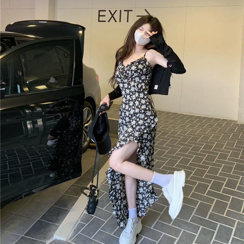 Set Áo Khoác cardigan + Đầm Hai Dây Xẻ Tà In Hoa Thời Trang Mùa Hè Cho Nữ