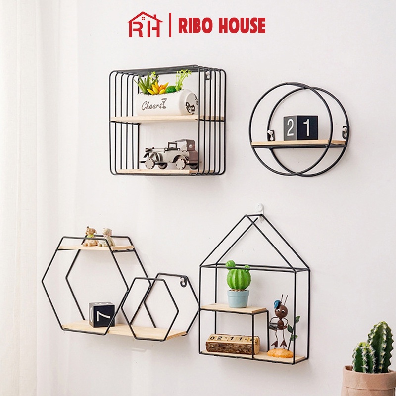 Kệ treo tường thép pha gỗ decor, trang trí nhà cửa, để đồ siêu xinh RIBO167