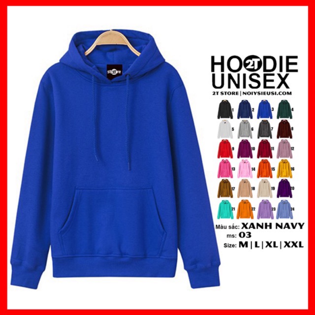 Áo hoodie unisex 2T Store H03 màu xanh dương navy - Áo khoác nỉ chui đầu nón 2 lớp dày dặn chất lượng đẹp