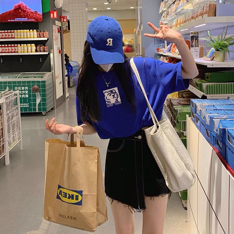 Áo Thun Tay Ngắn Dáng Rộng Màu Xanh Dương Phong Cách Hàn Quốc Thời Trang Cho Nữ